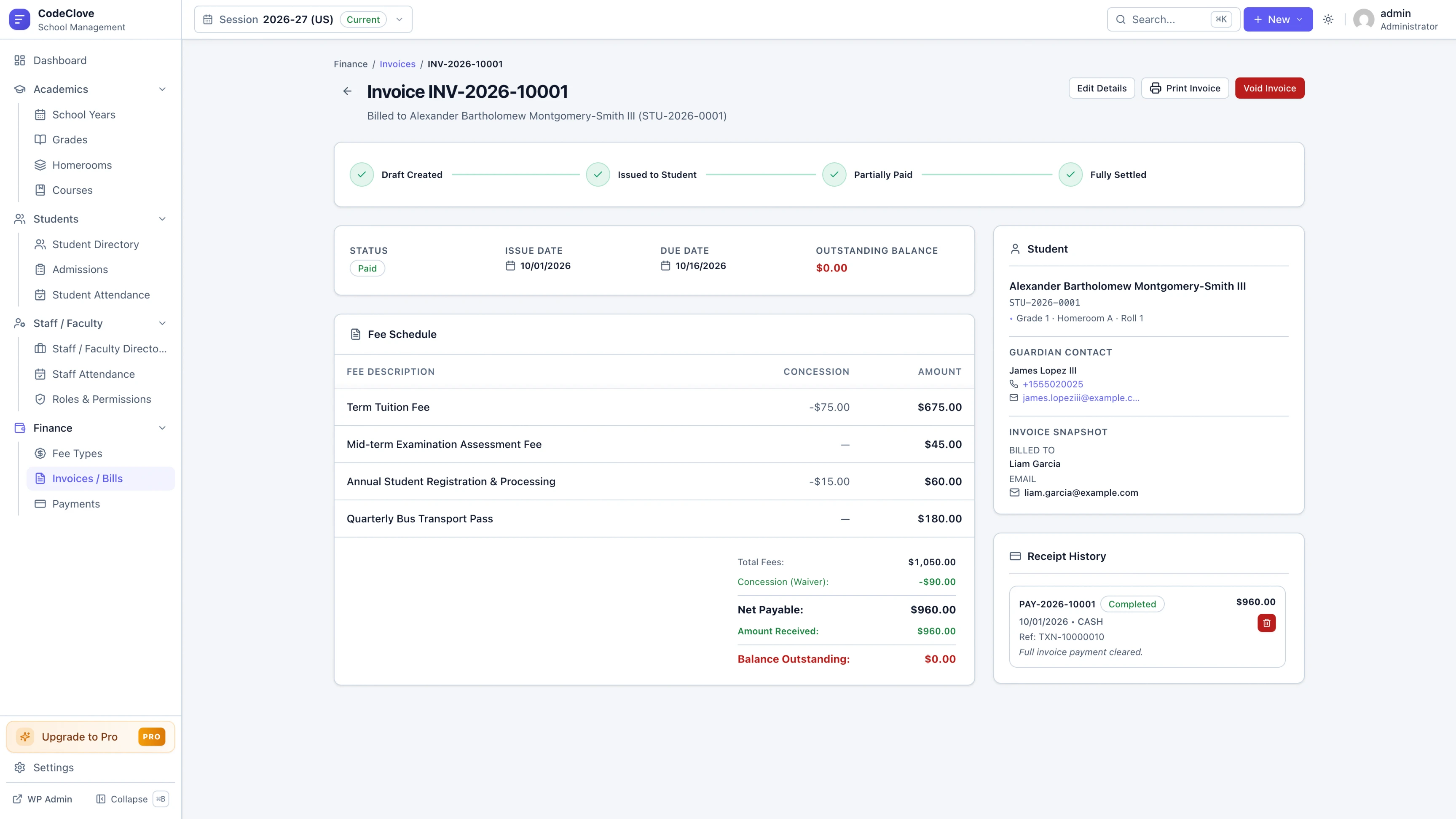 Invoicing — define fee types, generate invoices, record offline payments.