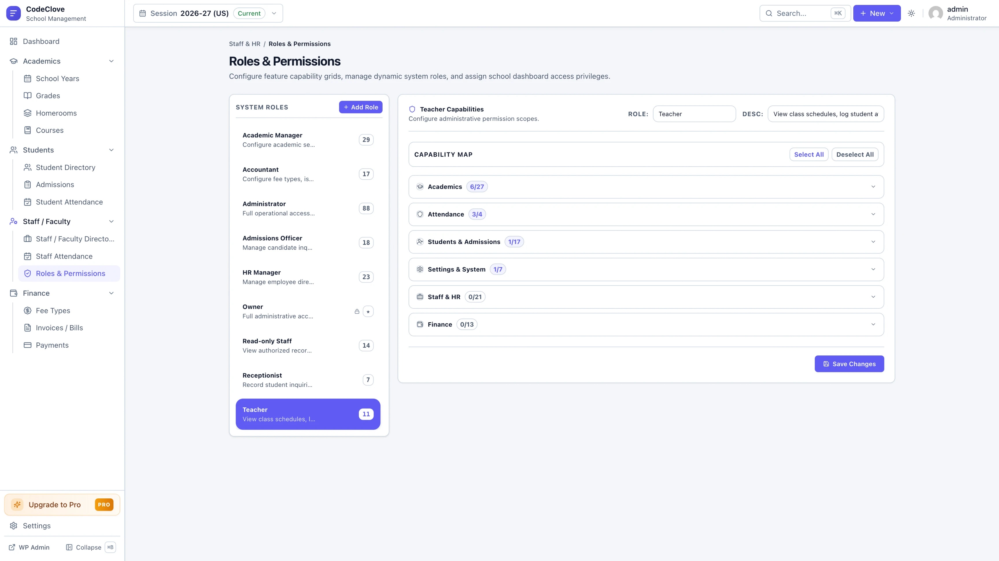 Roles and permissions — access control matrix for staff and administrators.