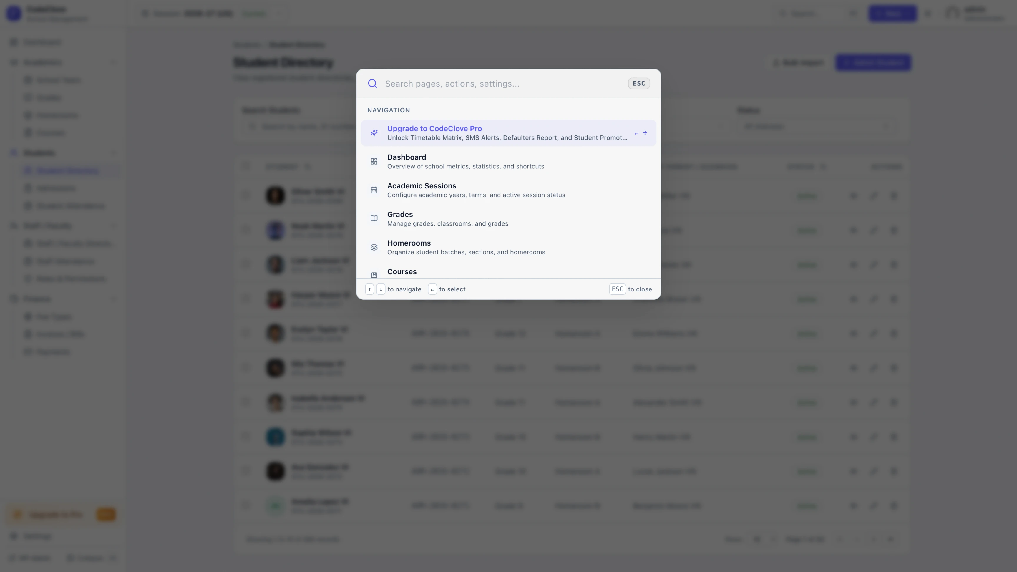 Command palette — global search for students, pages, shortcuts, and actions.