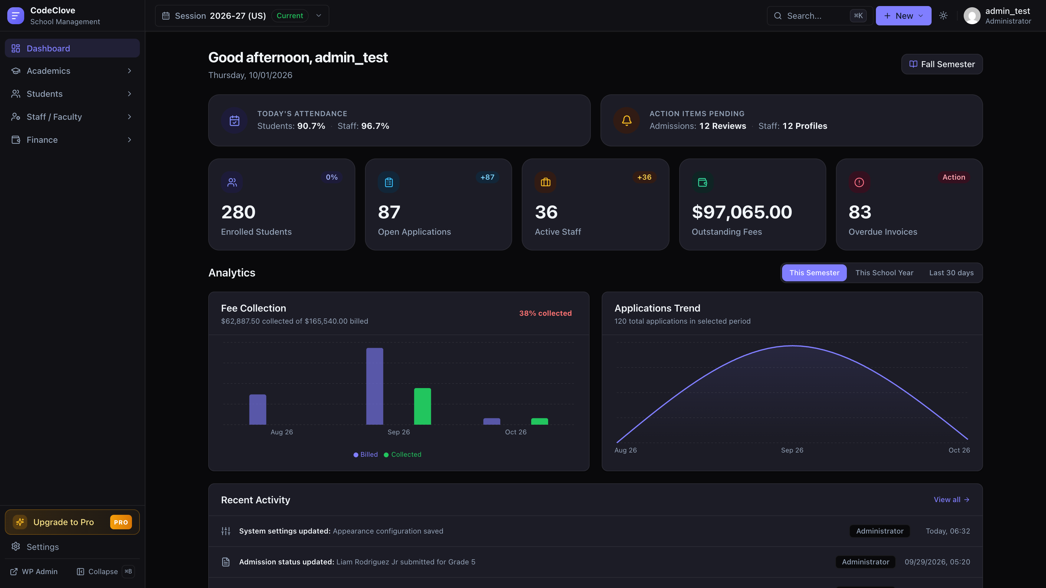 Dark mode — full dark theme for the admin interface.