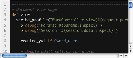 Ruby syntax highlighting with scrollbars (Twitlight theme).