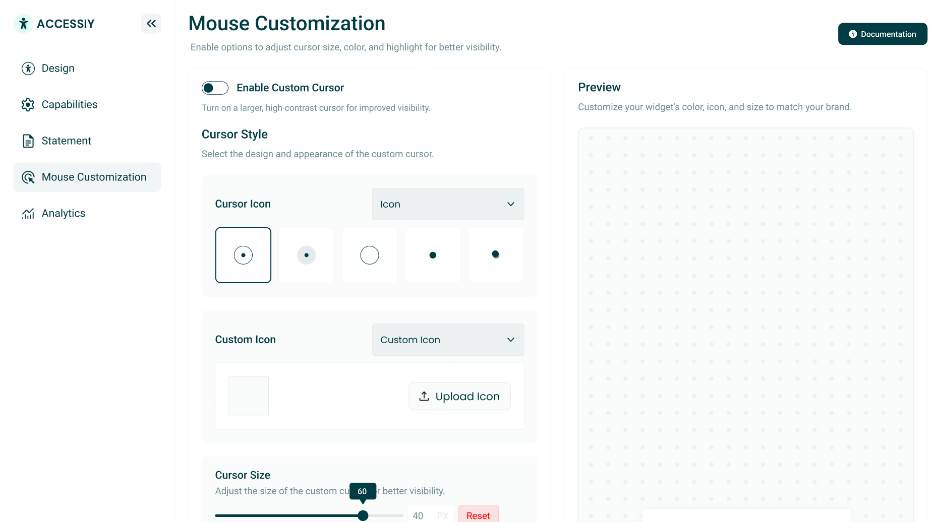 **Cursor Customization**: Adjust cursor size and style for accessibility.