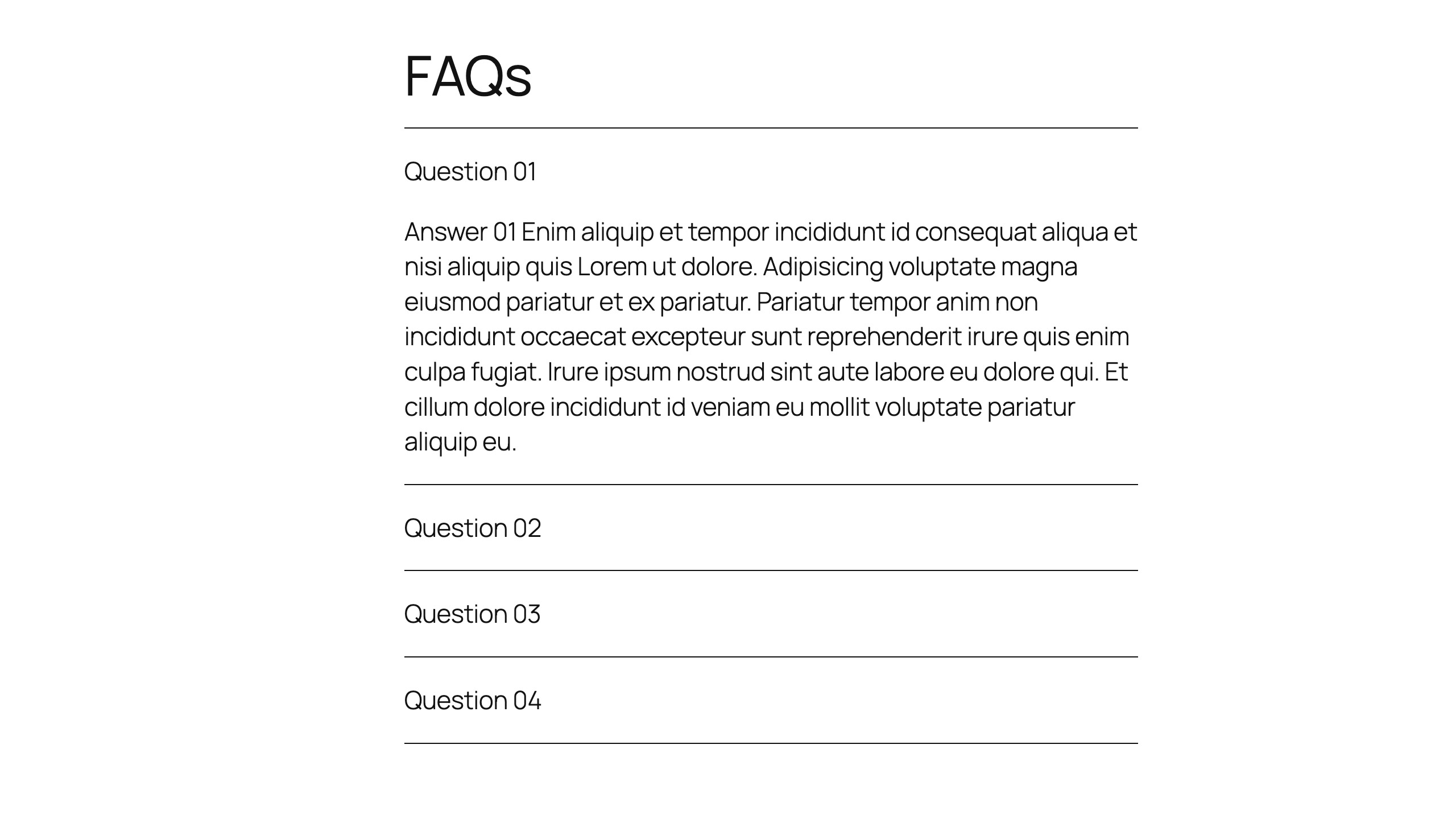 FAQ Block frontend output — clean accordion rendered on the published page