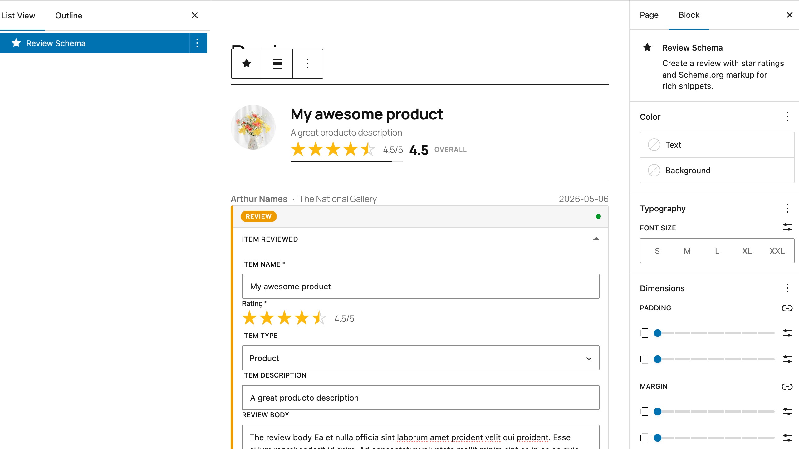 Review Block in the editor — star rating, item type selector and review body with 4.5/5 rating