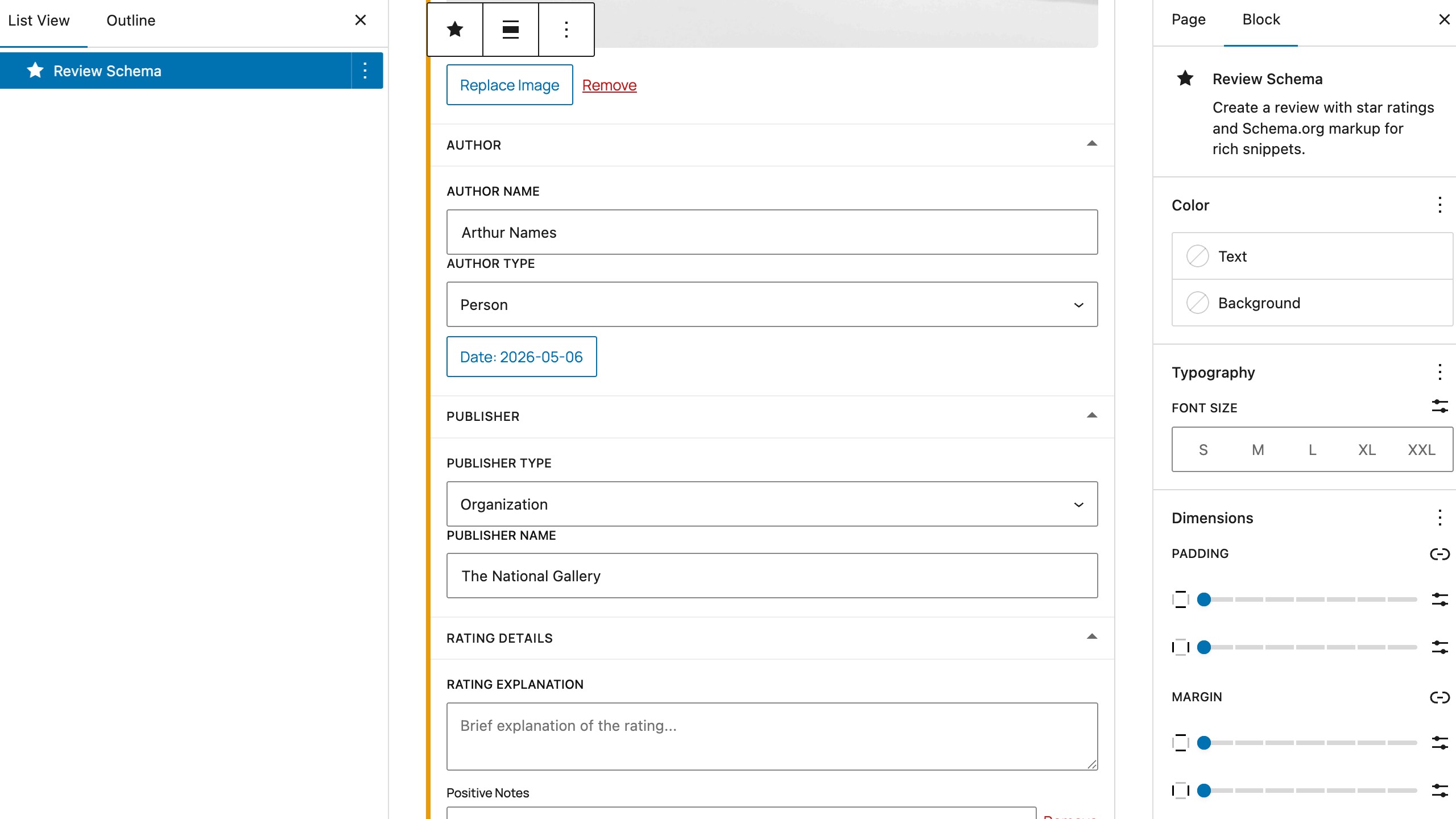 Review Block author & publisher — date, Author (Person) and Publisher (Organization) fields for valid Review schema