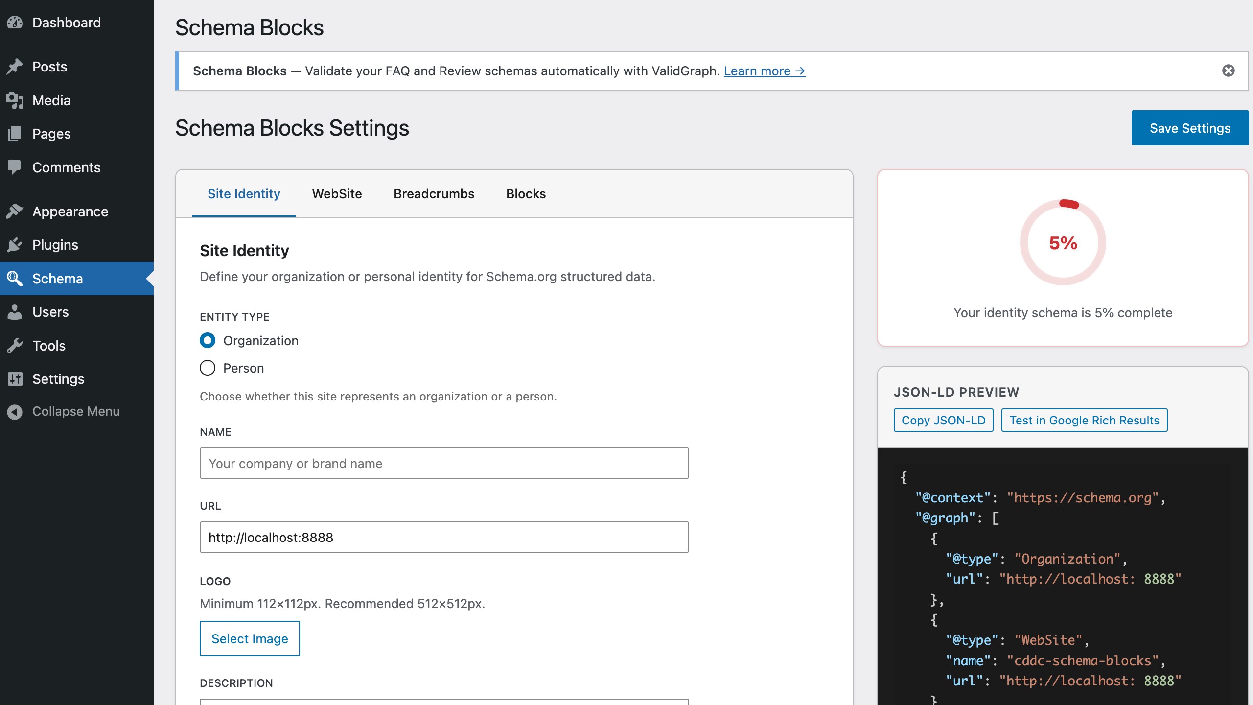 Settings page — Site Identity (Organization/Person), JSON-LD preview, completeness indicator and "Test in Google Rich Results" shortcut