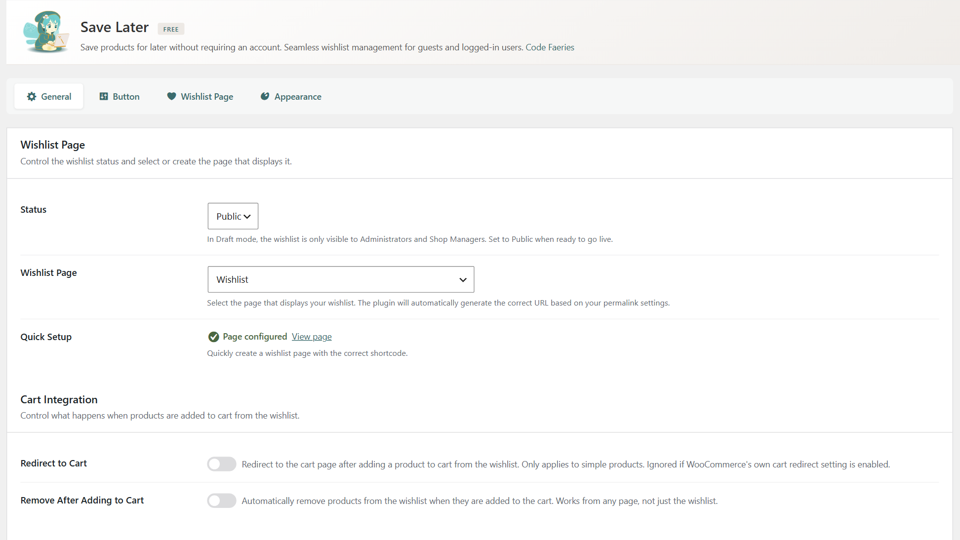 Settings page - General tab