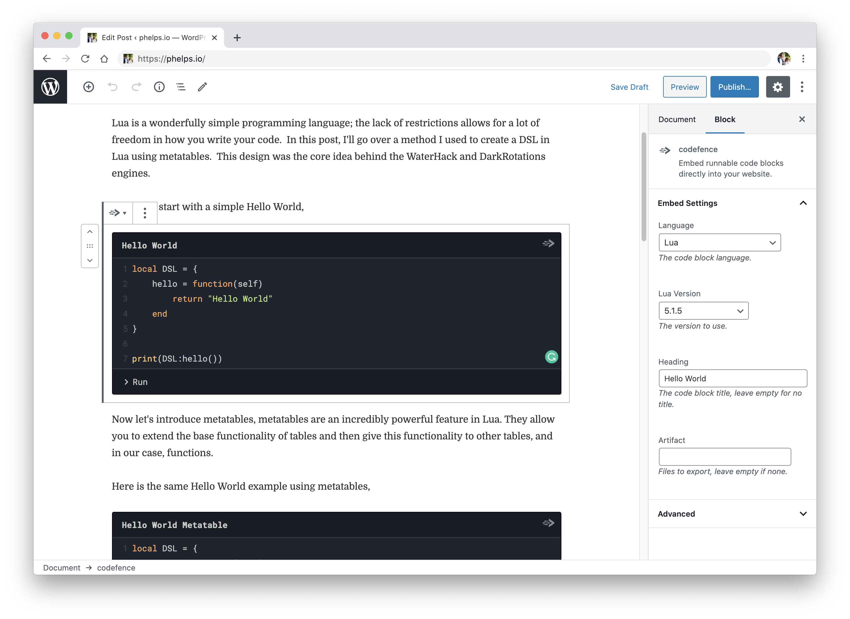 The codefence block inside the gutenberg editor.
