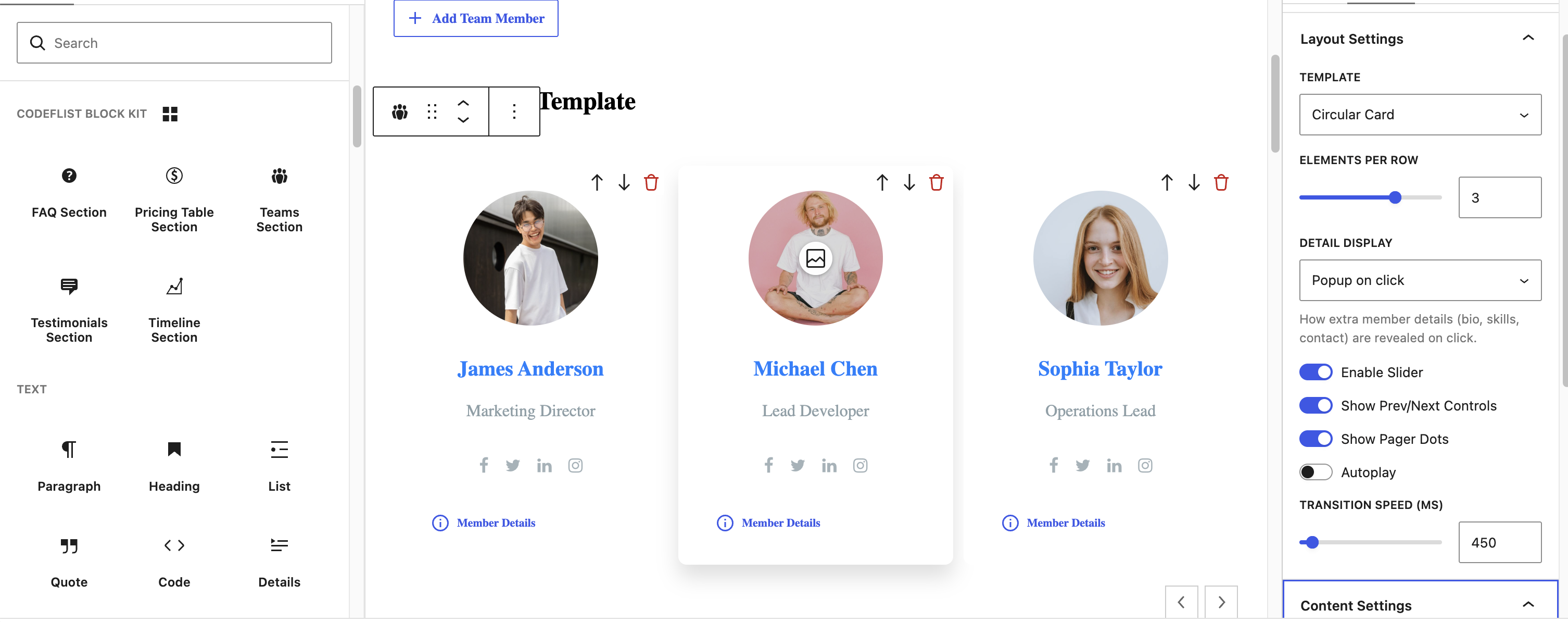 Teams Section block with slider enabled.