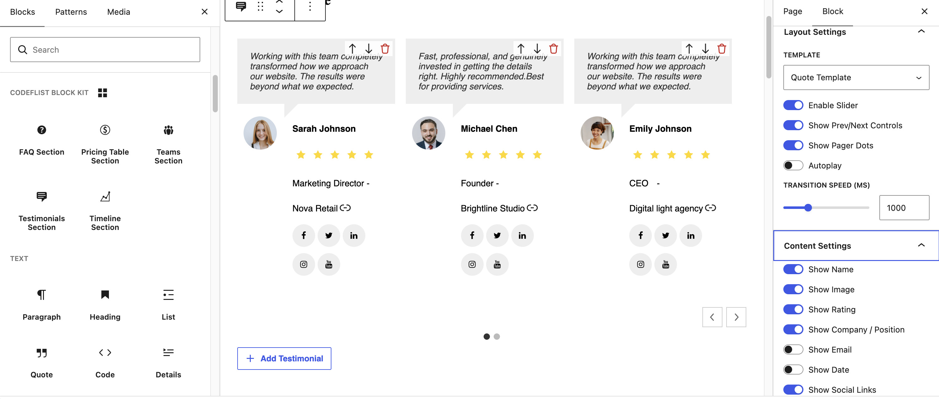 Testimonials Section block settings.