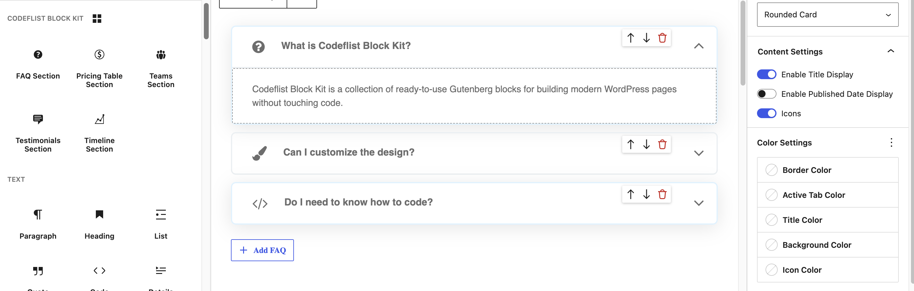 FAQ Section block with accordion layout.