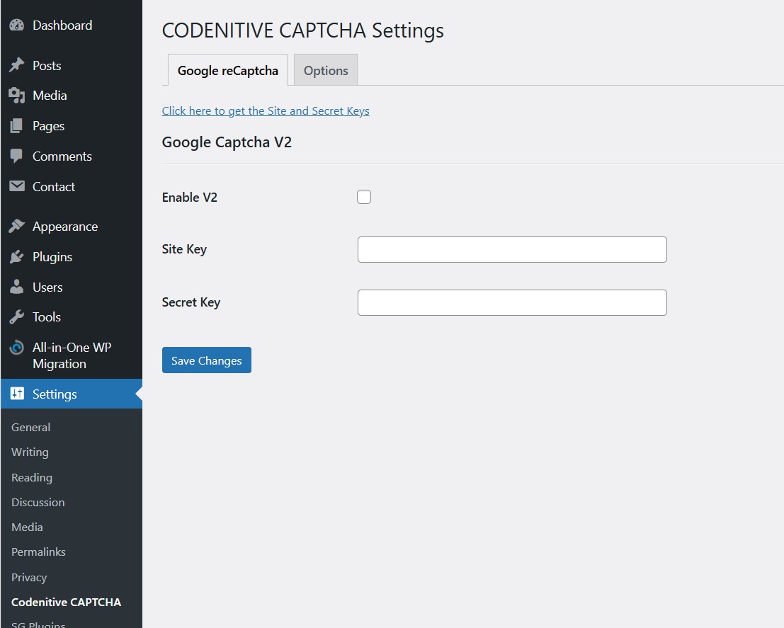 Add the reCAPTCHA site and secret keys.