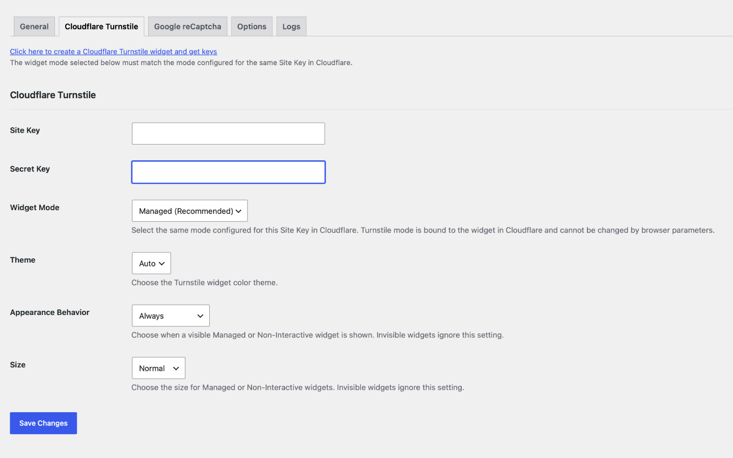 Cloudflare Turnstile settings and widget customization options.