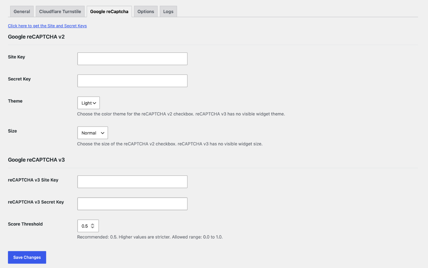 Google reCAPTCHA site and secret key settings.