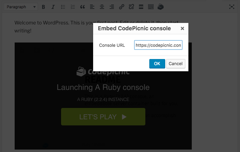 Embed CodePicnic consoles using the editor's button with the CodePicnic icon