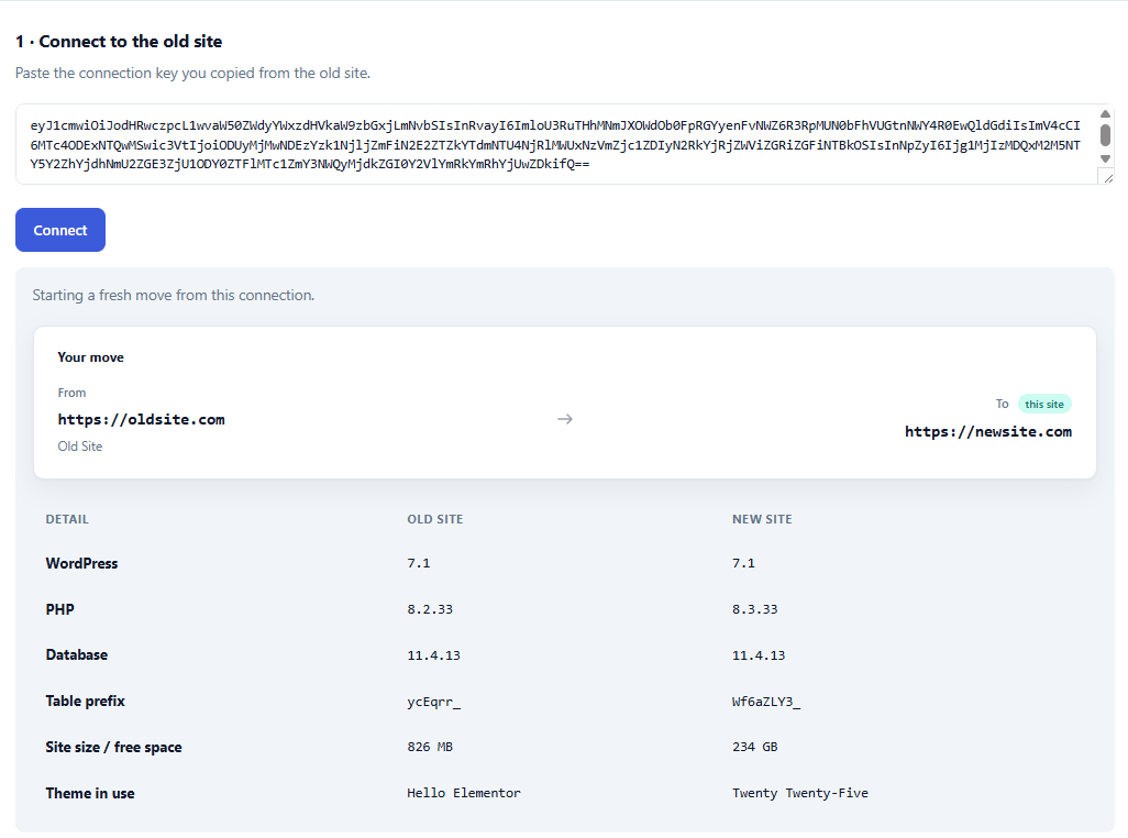 After connecting, a side-by-side comparison shows WordPress, PHP, and