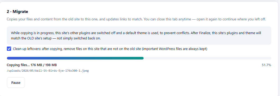 Live progress during the copy — files transferred, current file, and a