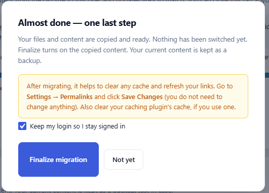 The Finalize step, with a targeted reminder (Elementor-specific, or a