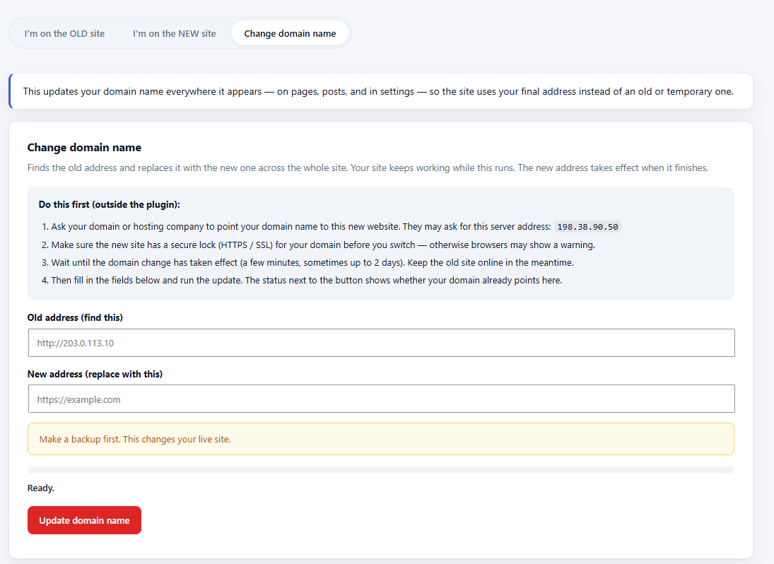 The Change domain name tab, with a DNS check and the exact sequence for