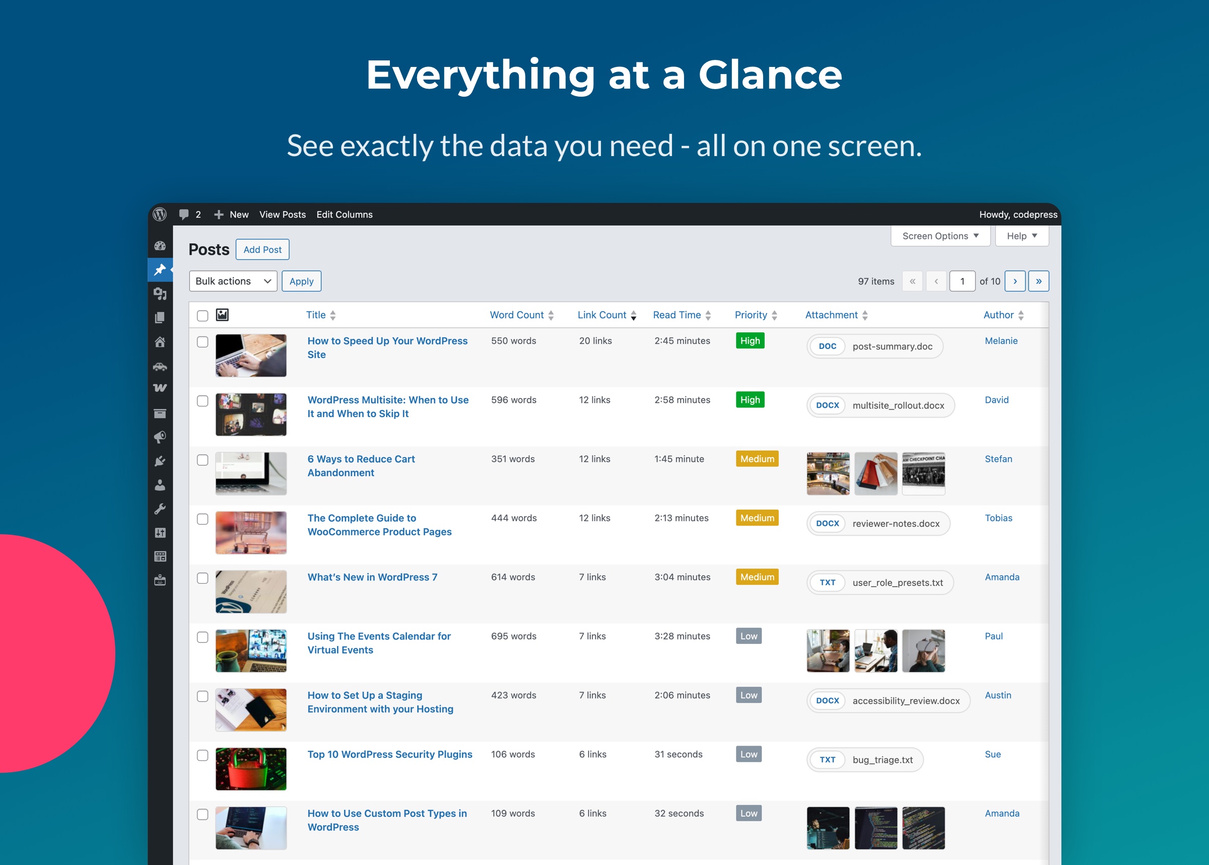 Transform your WordPress posts list into a clear content overview. View featured images, word count, reading time, and custom fields without opening a single post.