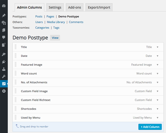 Posts Screen with the customized sortable columns.