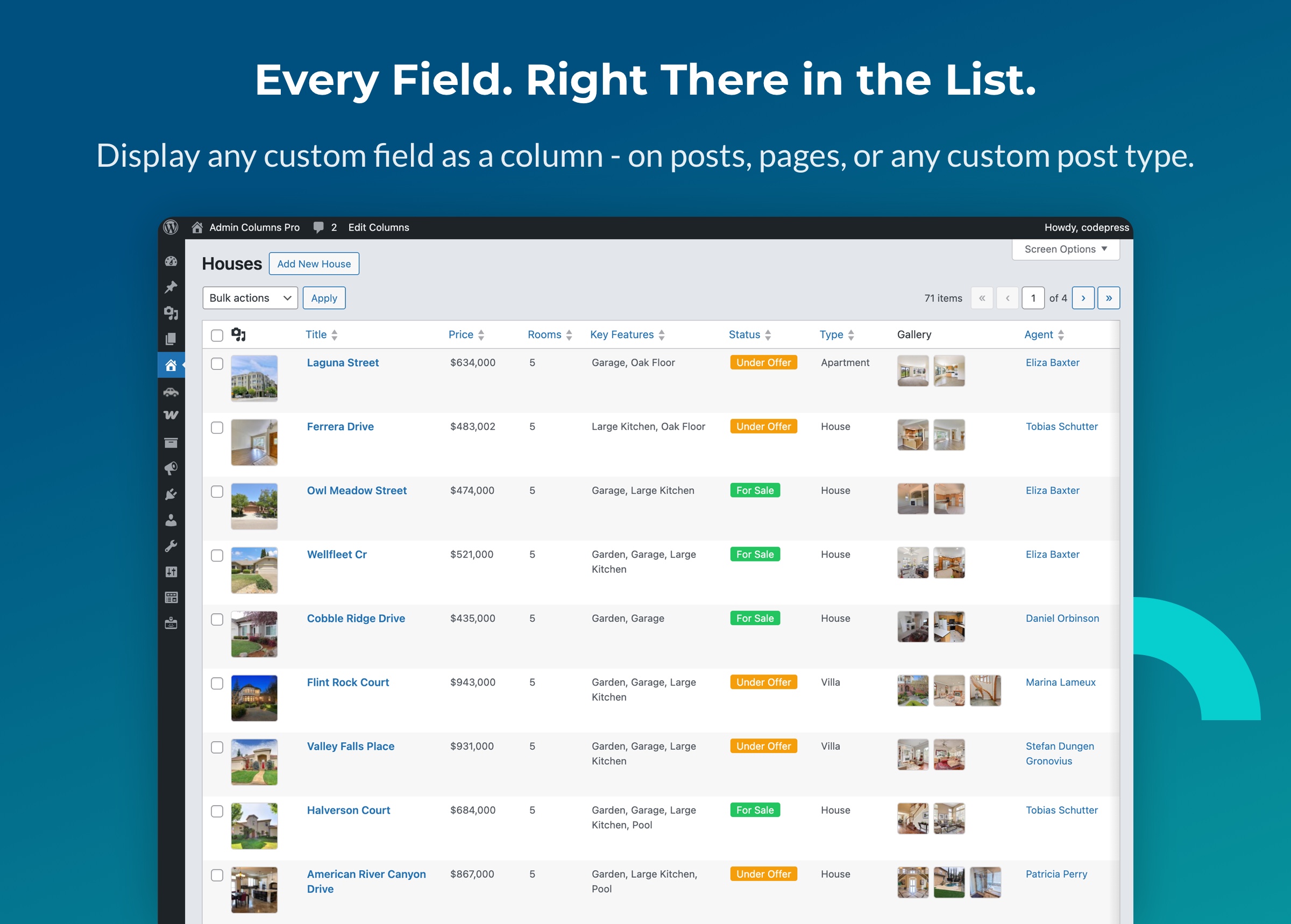 Admin Columns works on any custom post type. Add columns for your custom fields and see all your data at a glance - no more opening records one by one.
