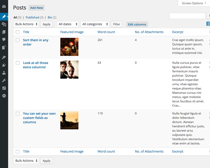 Settings page for the Media Library columns.