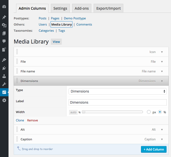 Media Screen with the customized sortable columns.