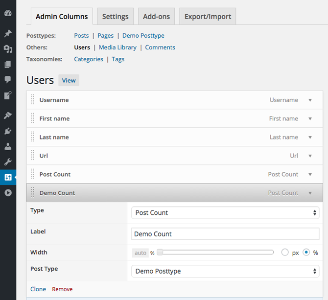 Users Screen with the customized sortable columns.