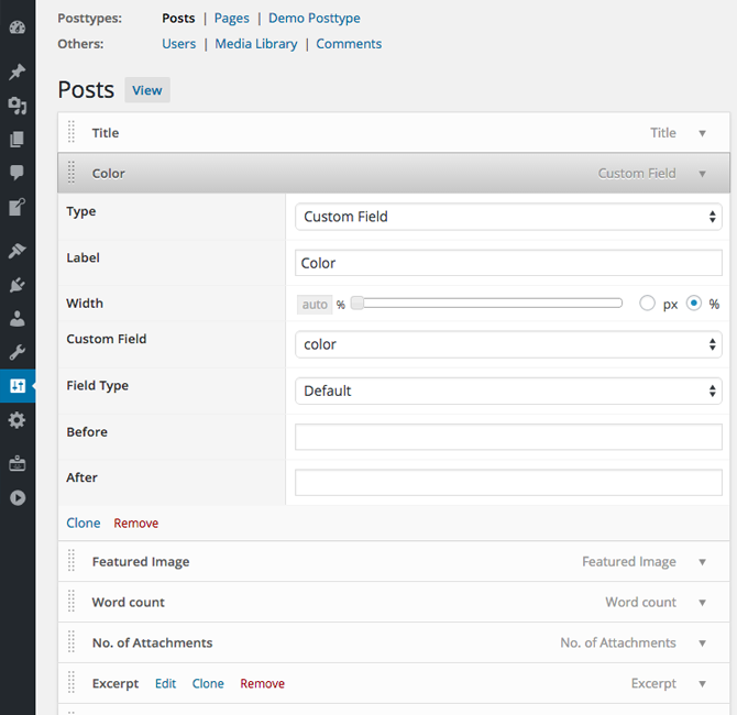 Posts Screen with custom fields.