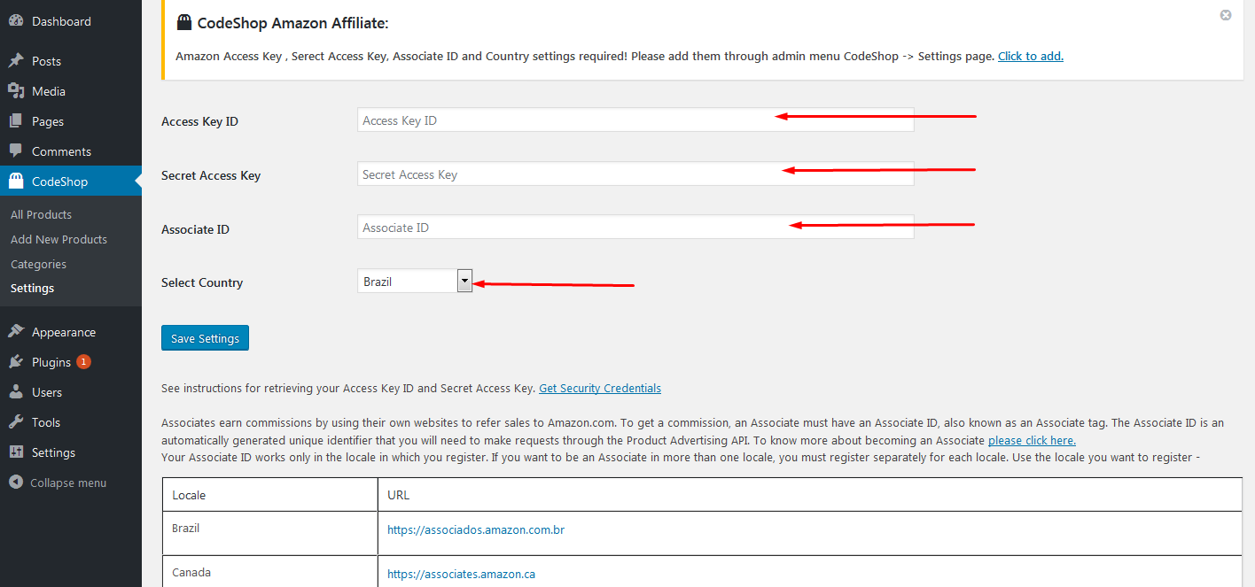 When you click on CodeShop button then you should have modal window to search products and create Shortcode with your selected products to add with your posts / pages, you can also select display templates shown in image screenshot-13.png