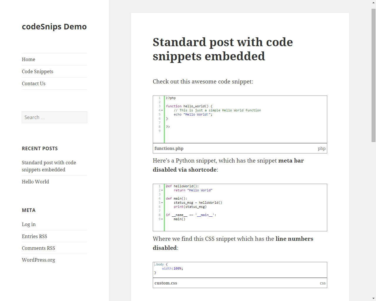 Snippets embedded in a post.