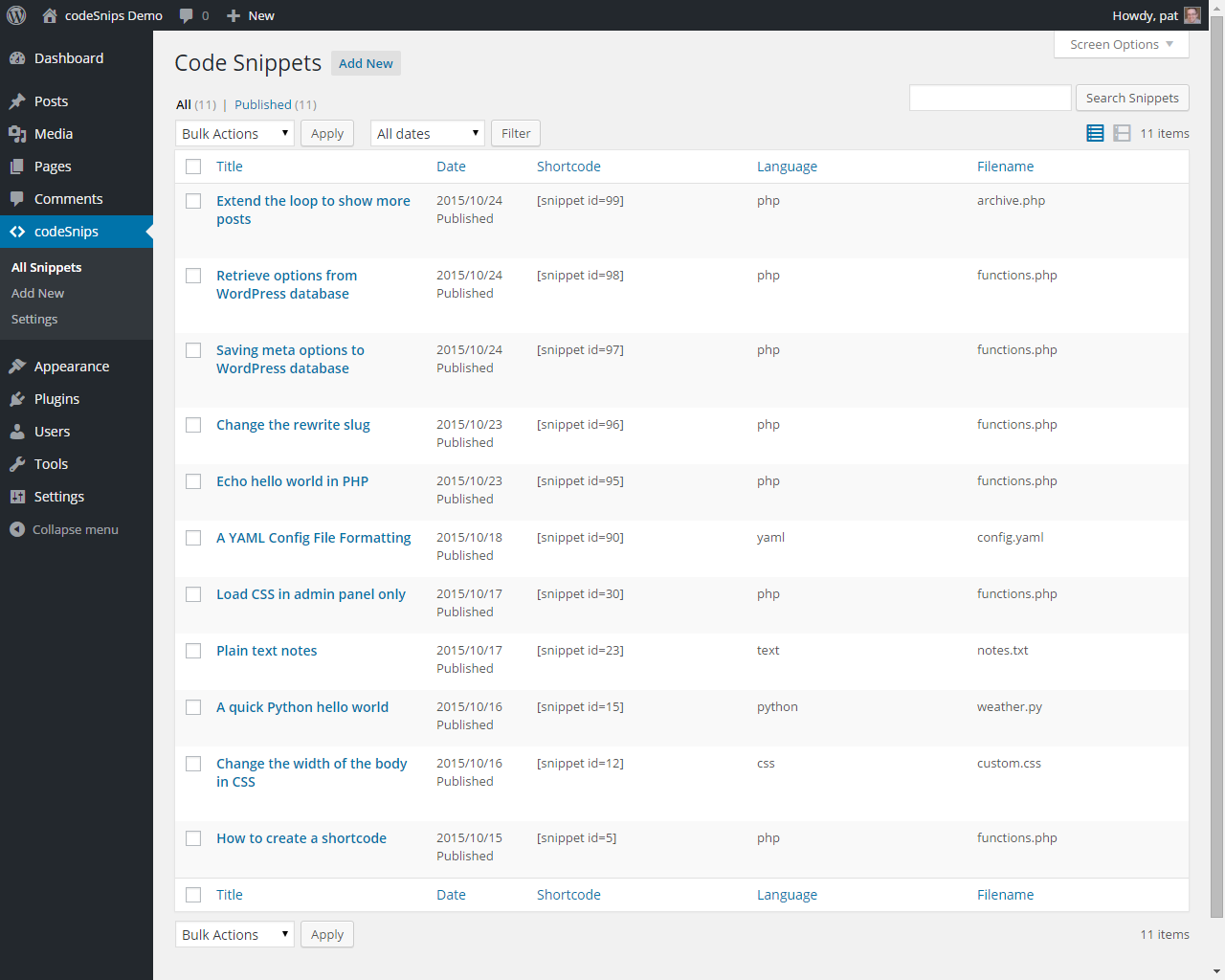 List of all snippets in wp-admin.