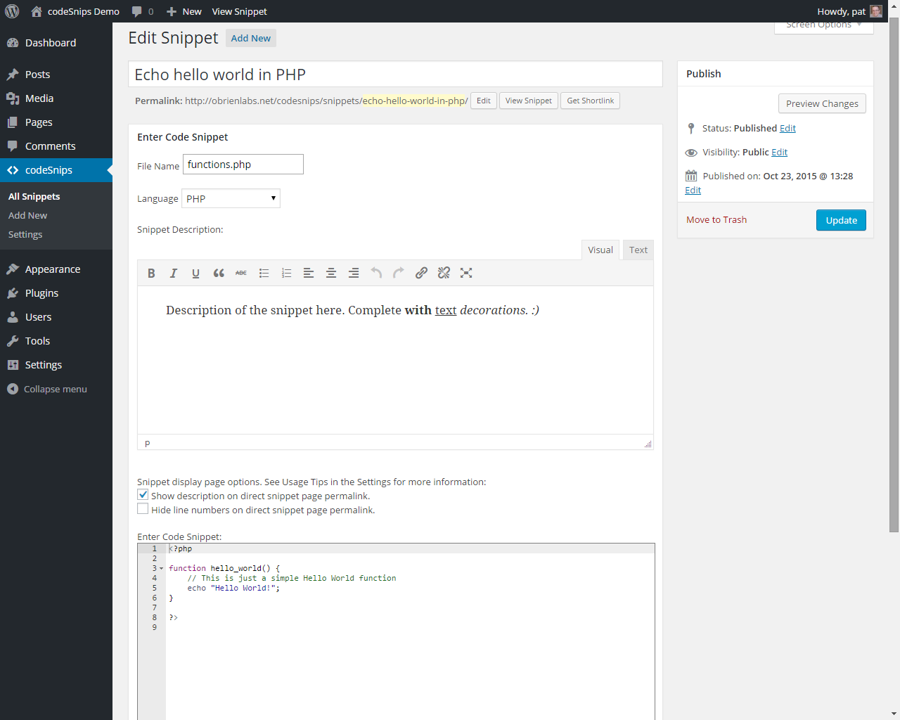 Editing an existing snippet post type.