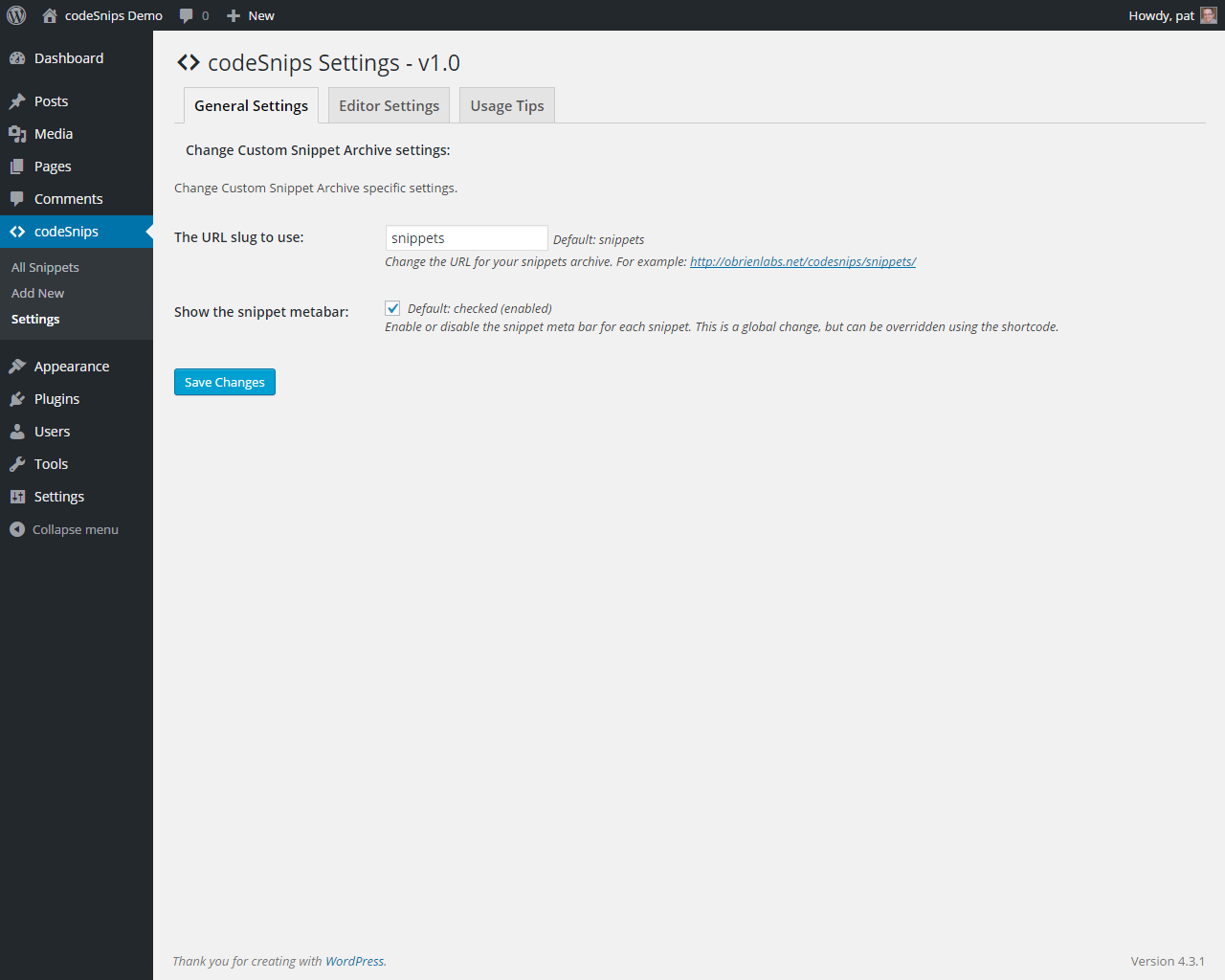 General settings page for codeSnips.