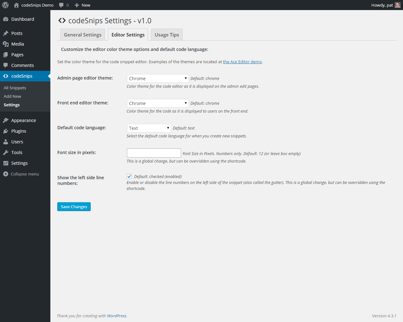 Editor specific settings for the Ace Editor.