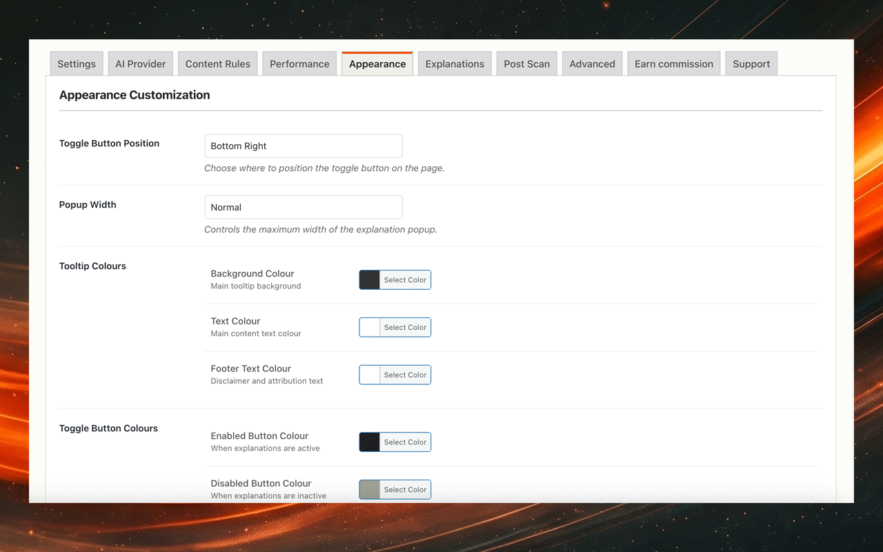 Explanations Dashboard showing tracked selections and created blog posts