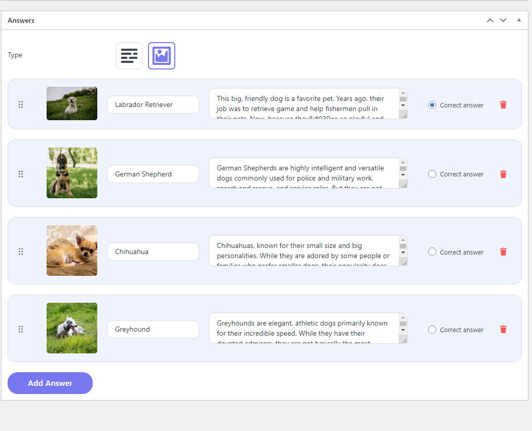 Question editing screen
