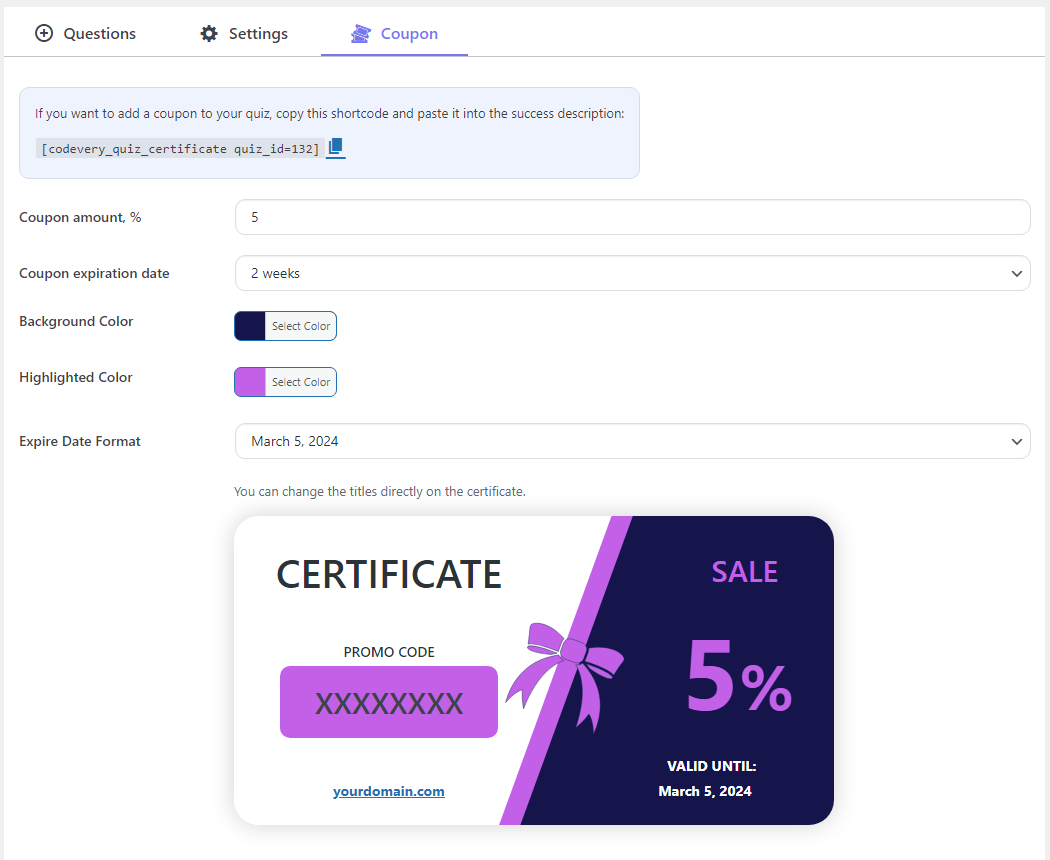 Quiz settings - coupon customization