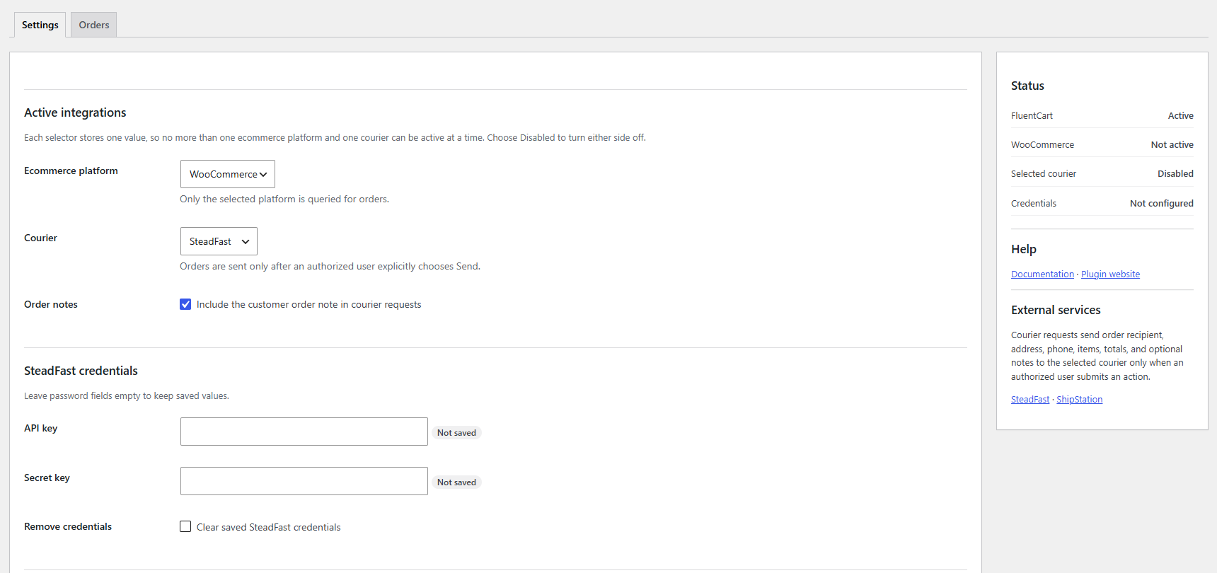Select WooCommerce and SteadFast from the plugin settings screen.