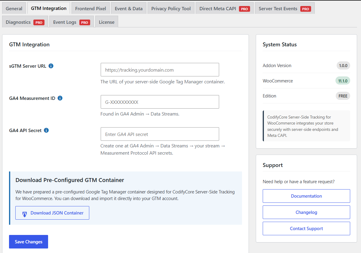 Server-side Google Tag Manager integration settings and the pre-configured container download.