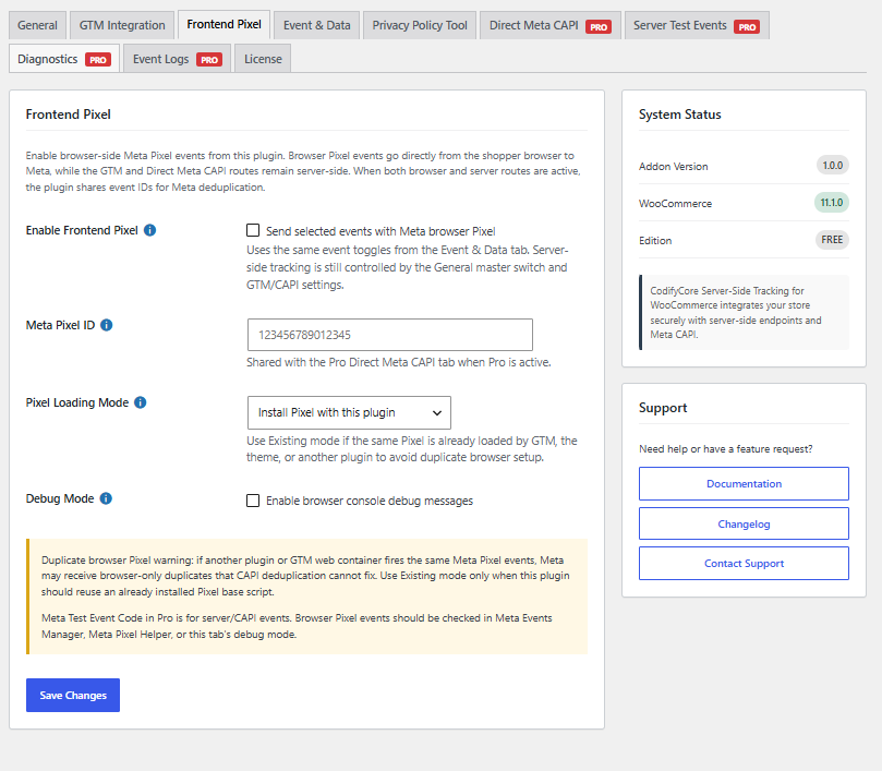 Optional frontend Meta Pixel settings with loading mode and duplicate-pixel guidance.