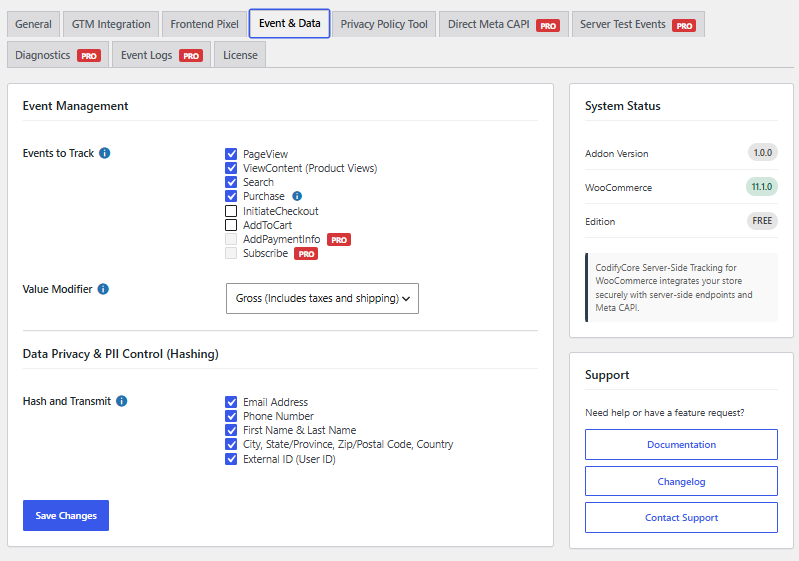 Event selection, value calculation, and privacy-aware customer data hashing controls.