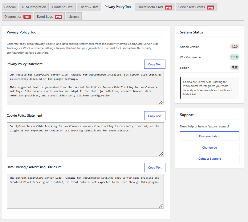 Privacy Policy Tool with copy-ready privacy, cookie, and data-sharing disclosures.
