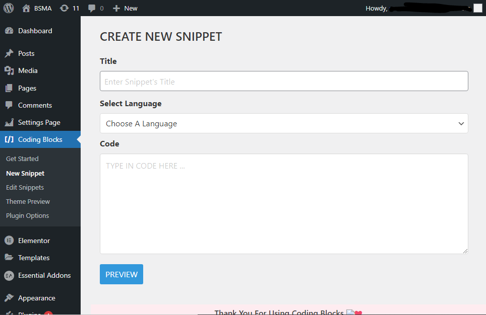 This is the Screenshot of the page where you can create a new snippet.