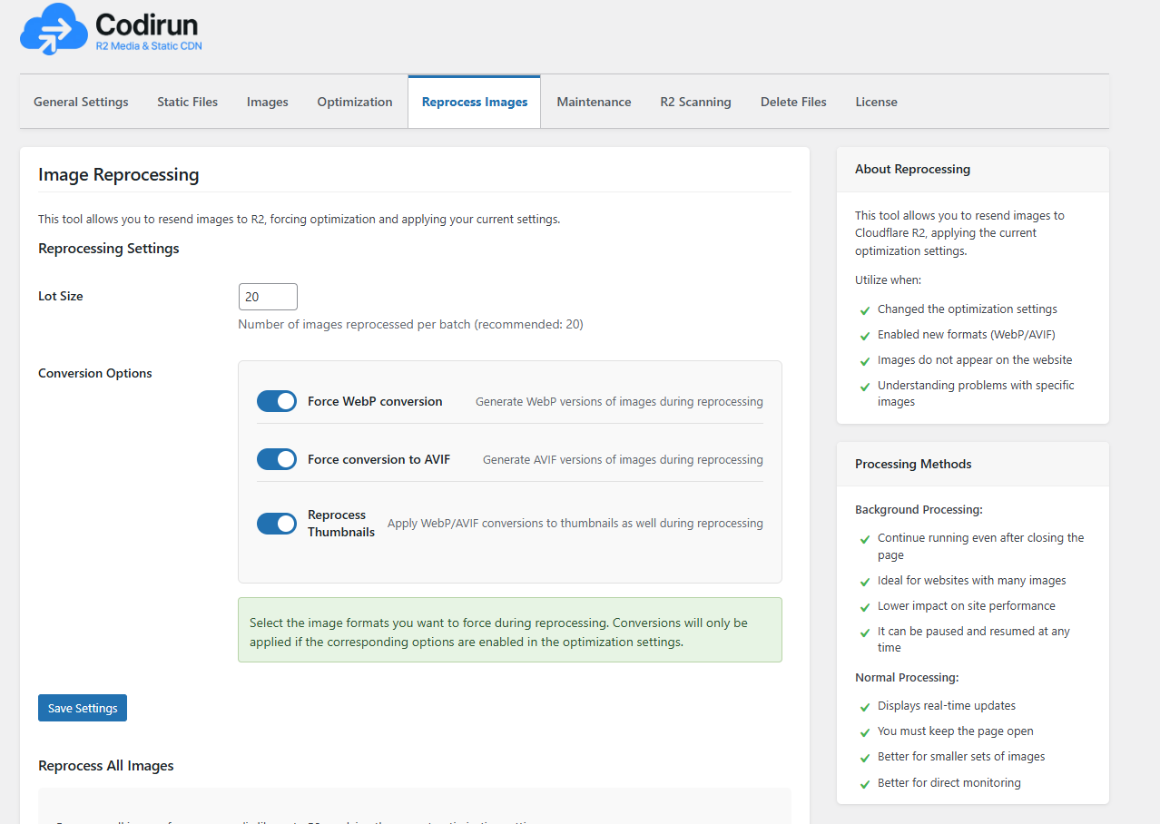 Reprocess Images page (Pro version)