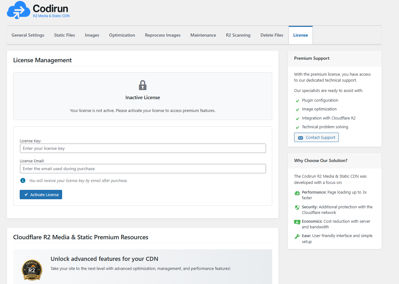 License activation page (Pro version)