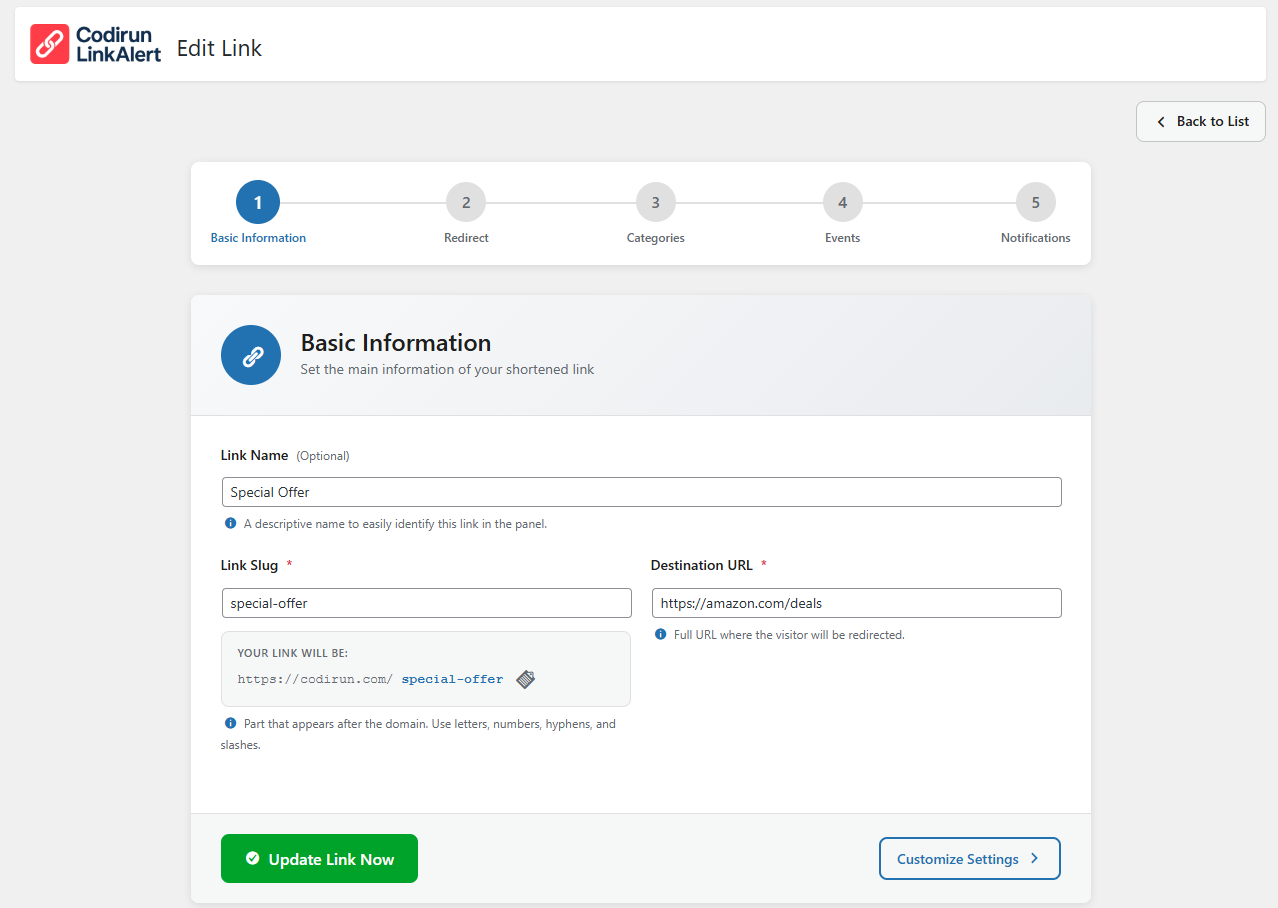 Link creation interface with URL input, customization options and redirect settings