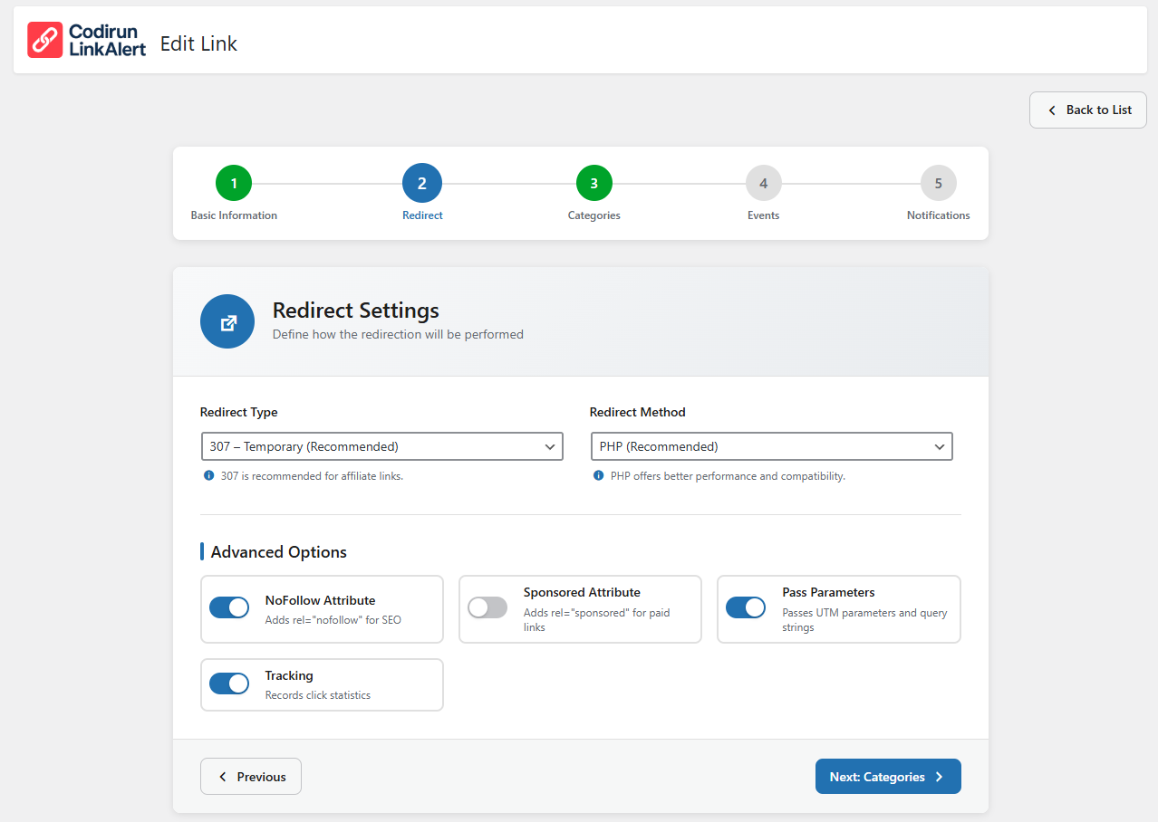 Redirect Settings – Configure how the link will be redirected, including type, method and advanced options