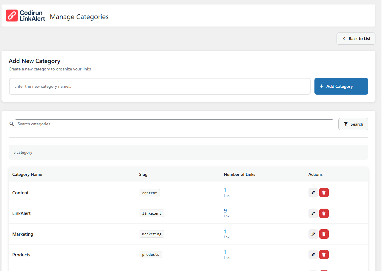 Category management system for organizing links into groups